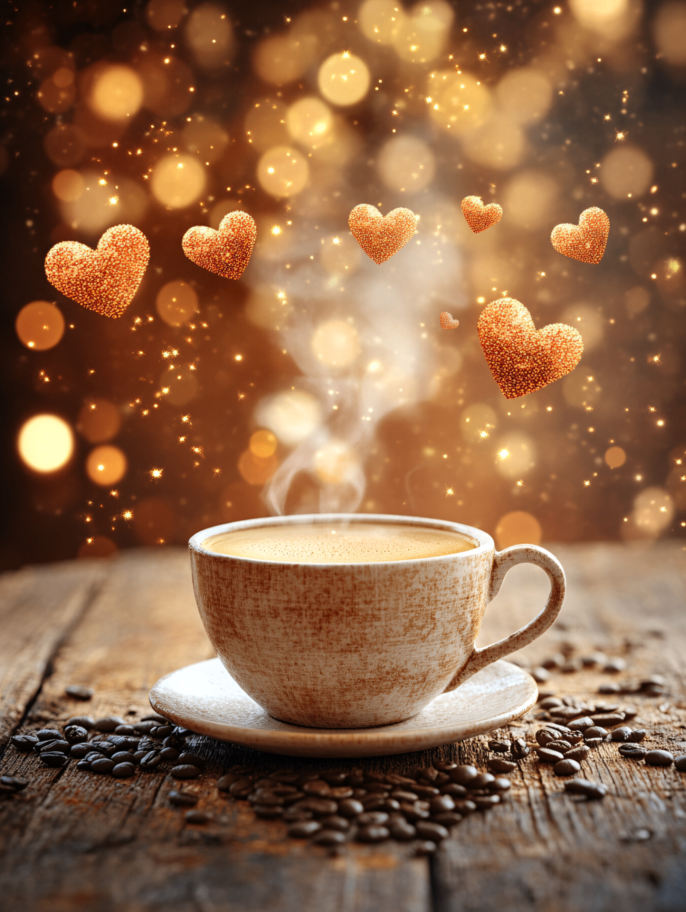 LOVE Coffee — Coffee cup with golden hearts and steam